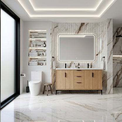 Divani 60" Oakwood Double Sink Bathroom Vanity with Quartz Countertop