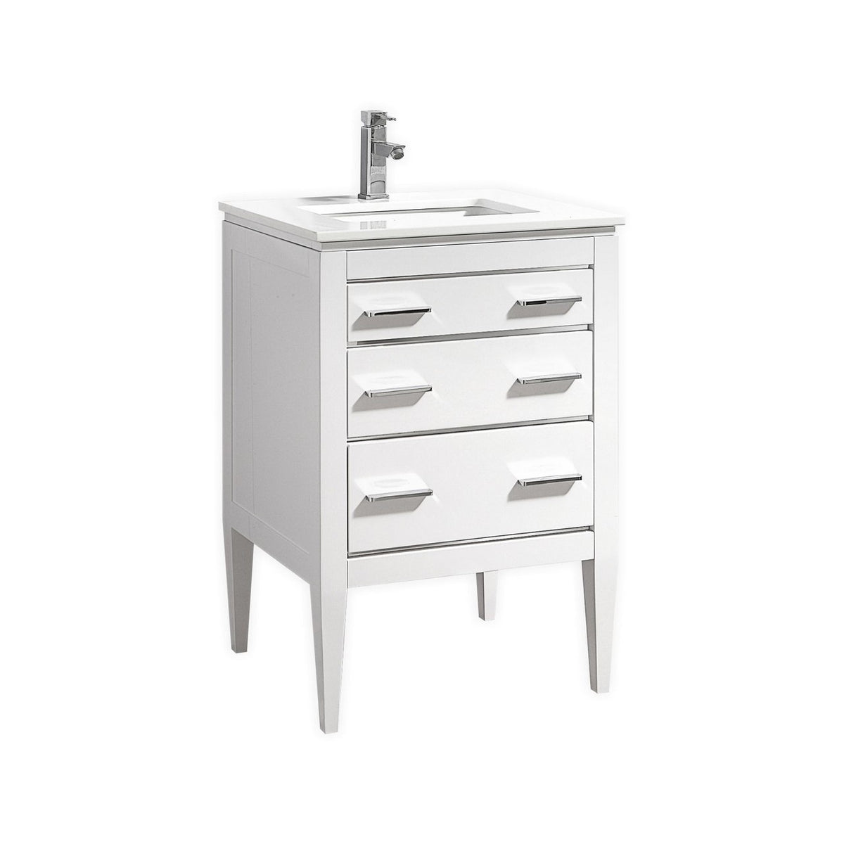 A white high gloss vanity with quartz countertop, featuring two drawers and a ceramic undermount sink, set against a white background.