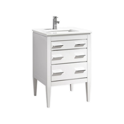 A white high gloss vanity with quartz countertop, featuring two drawers and a ceramic undermount sink, set against a white background.