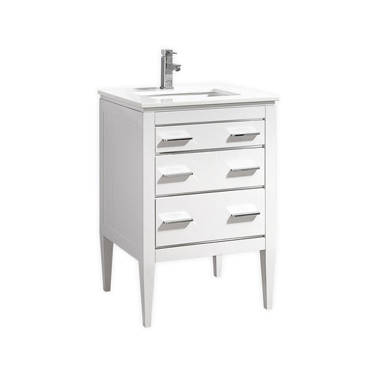 A white high gloss vanity with quartz countertop, featuring two drawers and a ceramic undermount sink, set against a white background.