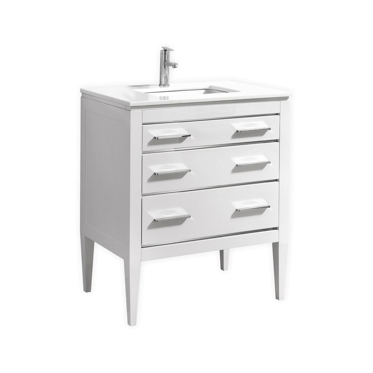 A white high gloss vanity with quartz countertop, featuring two drawers and a ceramic undermount sink, set against a white background.