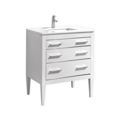 A white high gloss vanity with quartz countertop, featuring two drawers and a ceramic undermount sink, set against a white background.