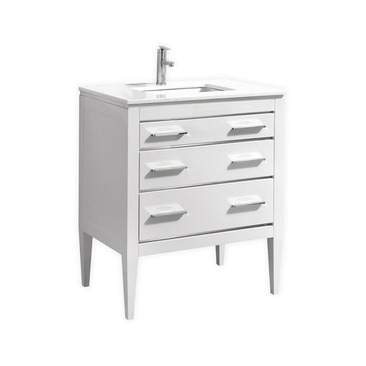 A white high gloss vanity with quartz countertop, featuring two drawers and a ceramic undermount sink, set against a white background.