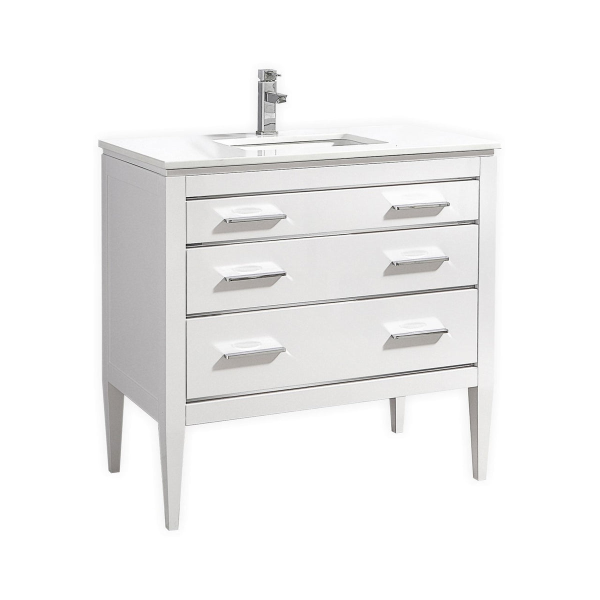 A high gloss white vanity with quartz countertop, featuring two drawers and a ceramic undermount sink, set against a white background.