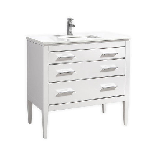 A high gloss white vanity with quartz countertop, featuring two drawers and a ceramic undermount sink, set against a white background.