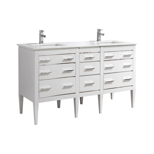 A white high gloss vanity with quartz countertop, featuring six drawers, two undermount sinks, and stainless steel handles.