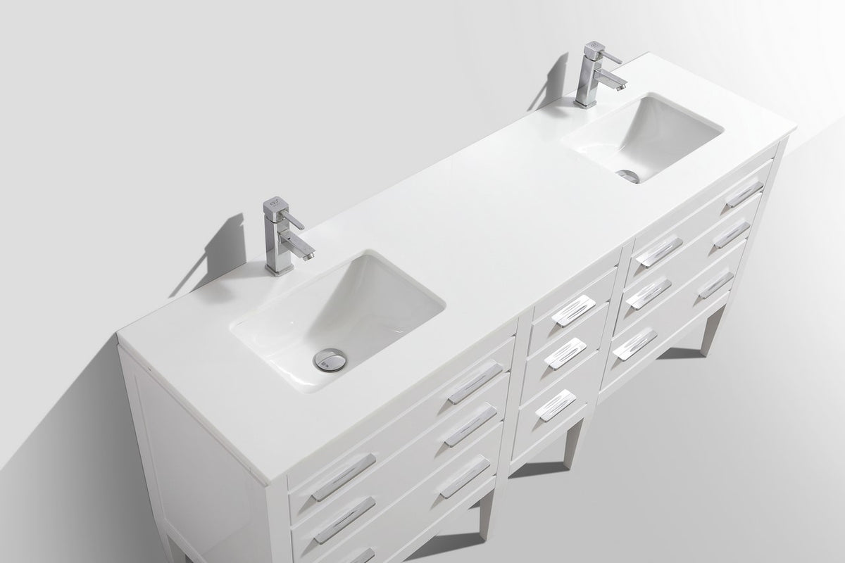 Eiffel 72'' High Gloss White Vanity W/ Quartz Counter Top
