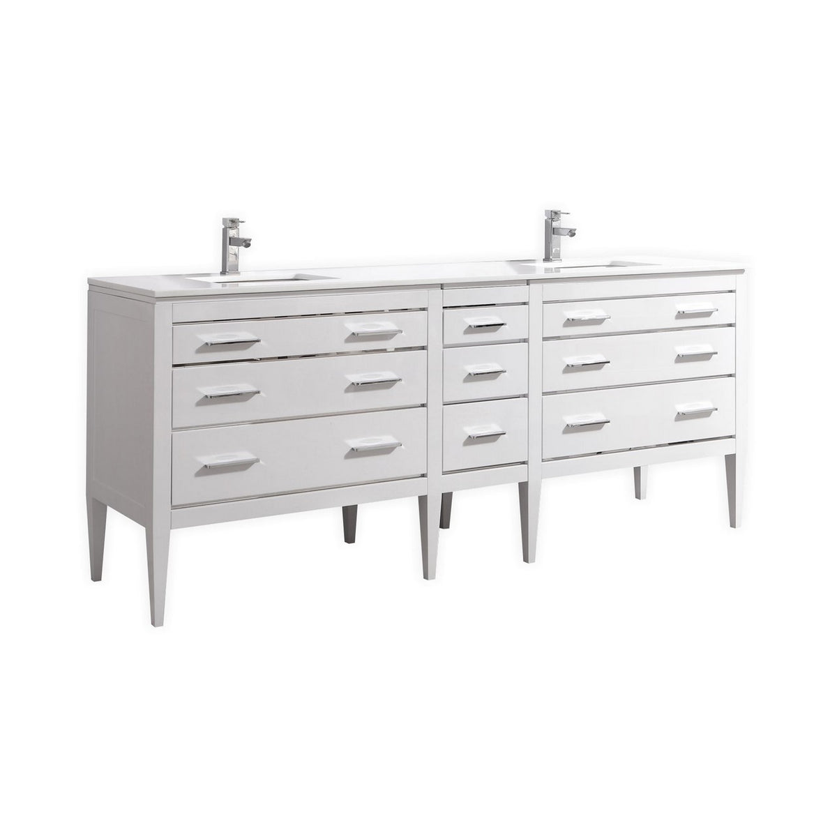 White high gloss vanity with quartz countertop, featuring six drawers, two undermount sinks, and stainless steel handles.