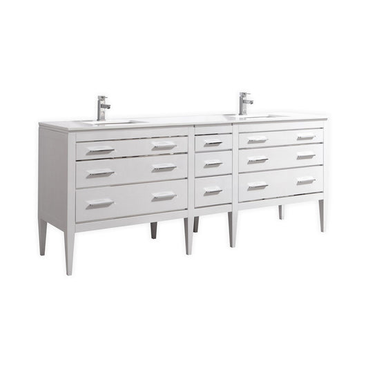 White high gloss vanity with quartz countertop, featuring six drawers, two undermount sinks, and stainless steel handles.