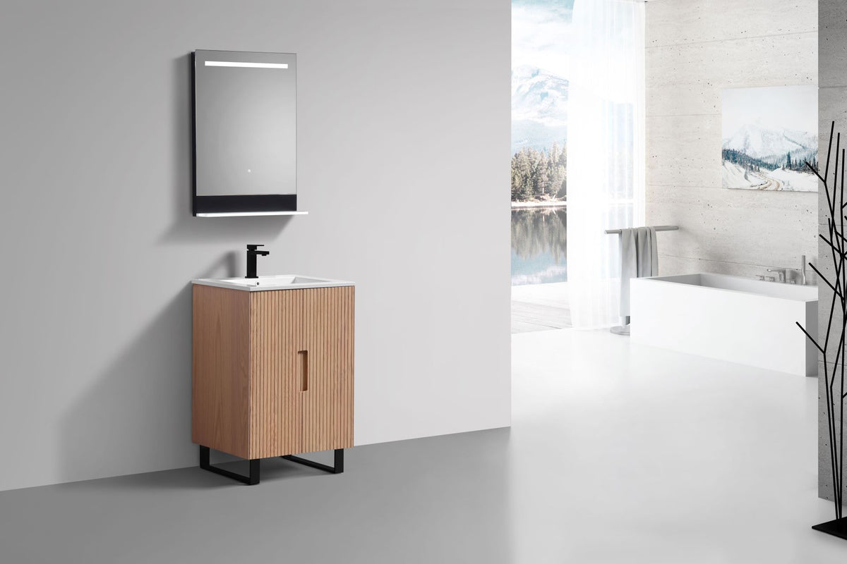 Kubebath Fiore 24'' Oakwood Floor Mount Vanity w/ Black Hardware