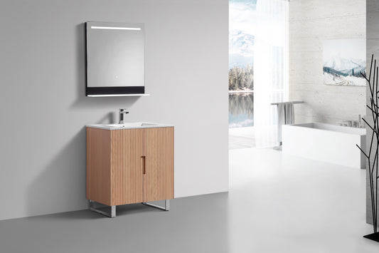 Bathroom vanity with wooden cabinet and mirror in a modern setting