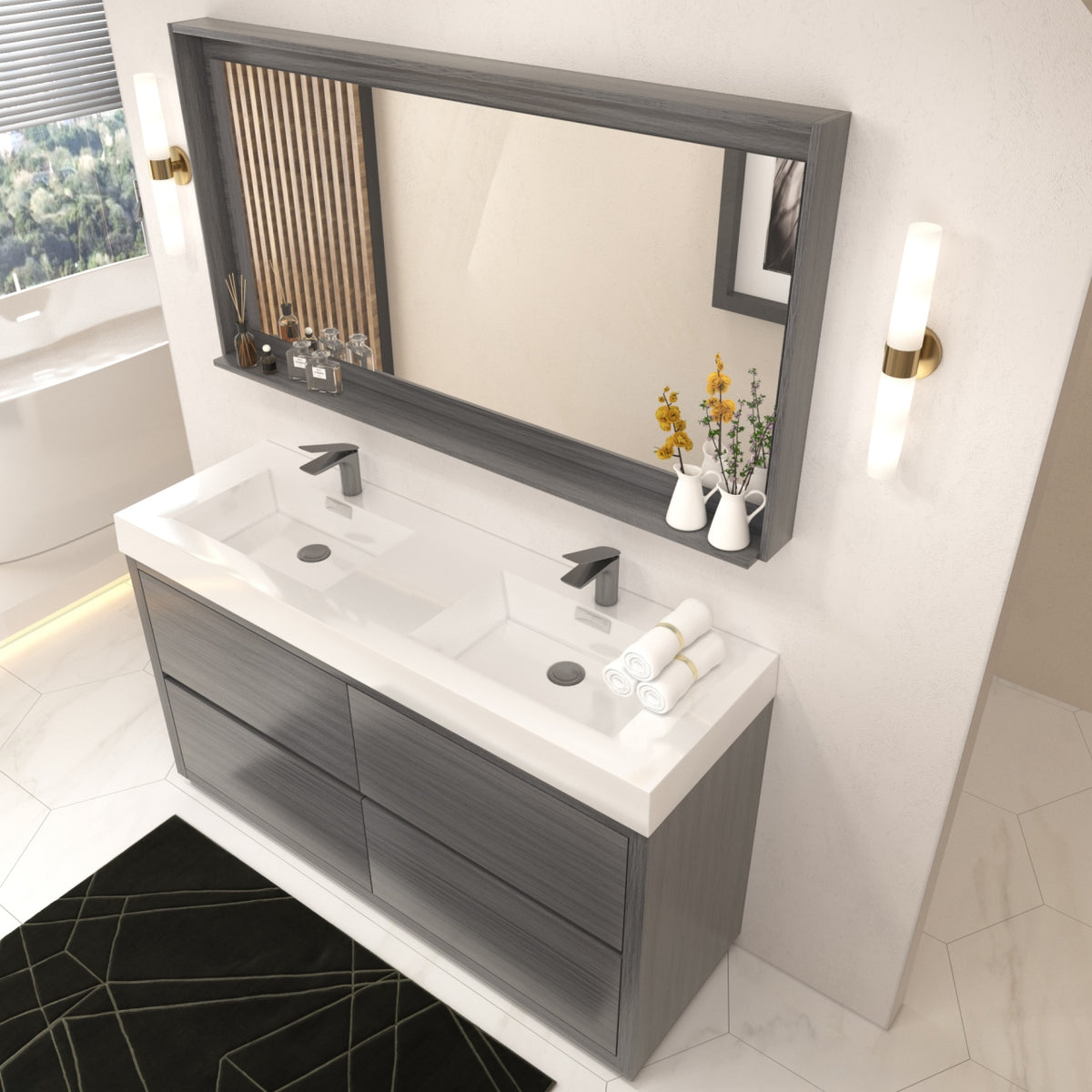Bliss 60" Vulcan Ash Grey Floor Mount Double Sink Modern Bathroom Vanity