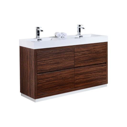 Bliss 60" Walnut Floor Mount Modern Bathroom Vanity- Double Sink