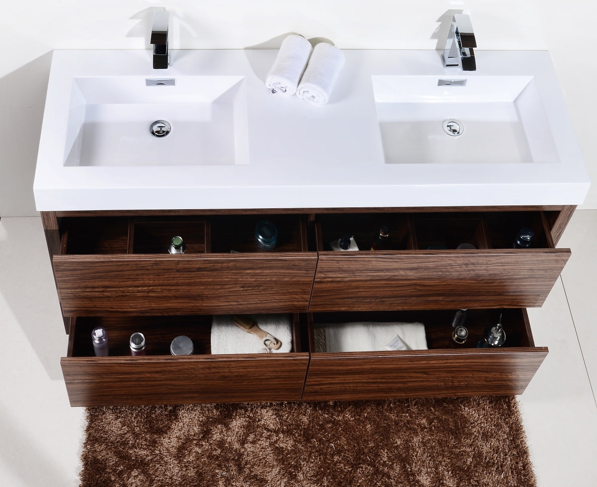Bliss 60" Walnut Floor Mount Modern Bathroom Vanity- Double Sink