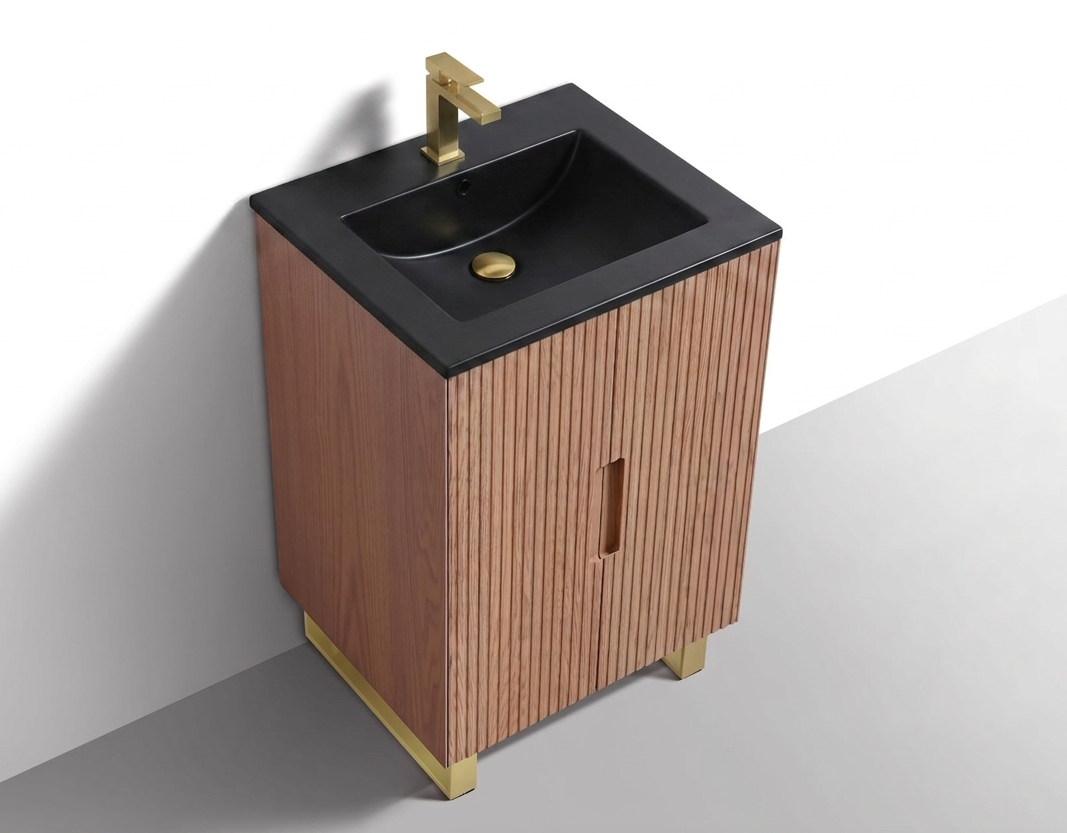 Kubebath Fiore 24'' Oakwood Floor Mount Vanity w/ Brushed Gold Hardware