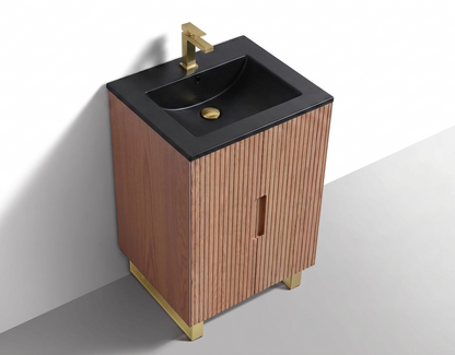 Kubebath Fiore 24'' Oakwood Floor Mount Vanity w/ Brushed Gold Hardware