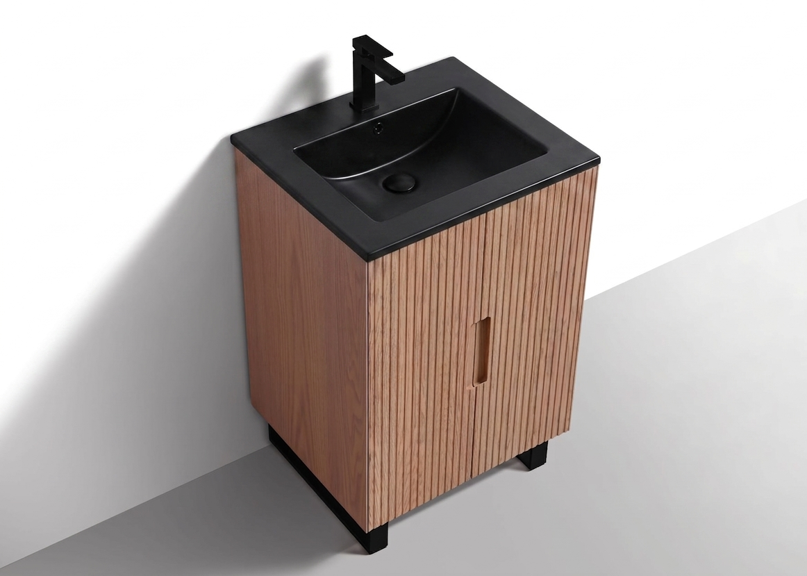 Kubebath Fiore 24'' Oakwood Floor Mount Vanity w/ Black Hardware