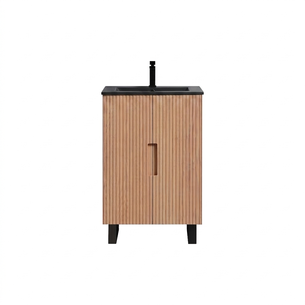 Kubebath Fiore 24'' Oakwood Floor Mount Vanity w/ Black Hardware