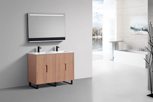 Bathroom vanity with wooden cabinet, mirror, and sink in a modern bathroom setting.