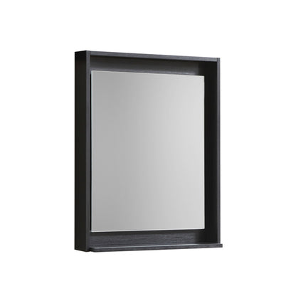 A 24 inch wide mirror with a black frame and shelf below it.