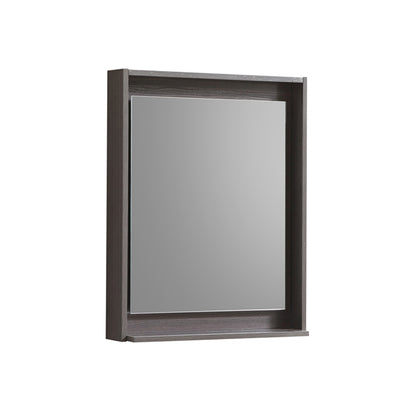 A 24 inch wide mirror with a gray oak frame, including a shelf, designed for wall mounting.