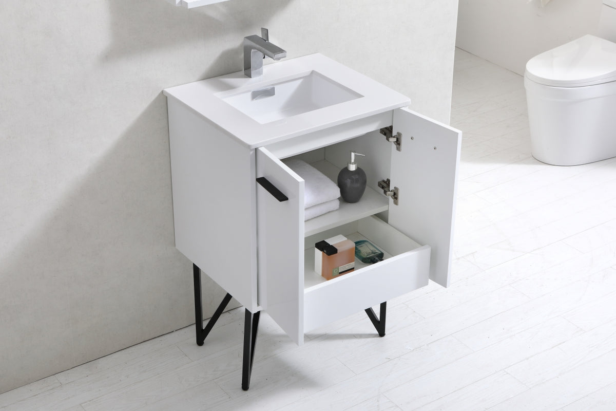 KubeBath Forest 24" High Gloss White Modern Bathroom Vanity  w/ Quartz Countertop