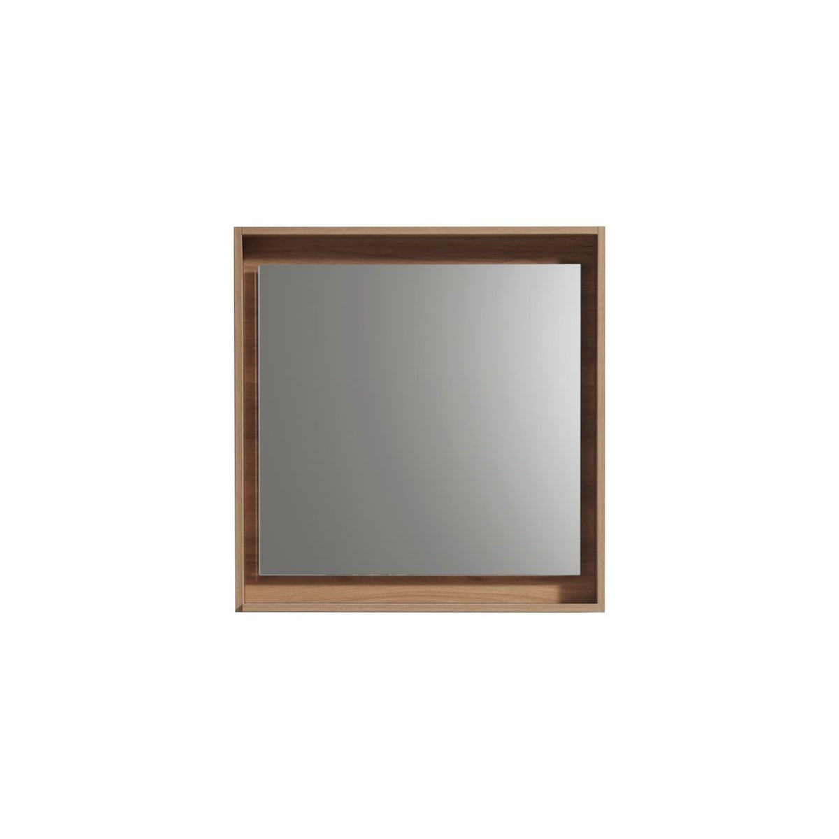 A 24 inch wide mirror with a honey oak frame and shelf.