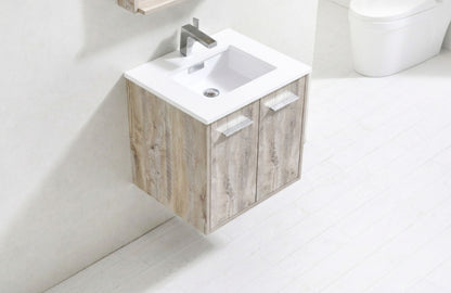 Bathroom vanity with wooden finish and white countertop in a minimalistic setting.