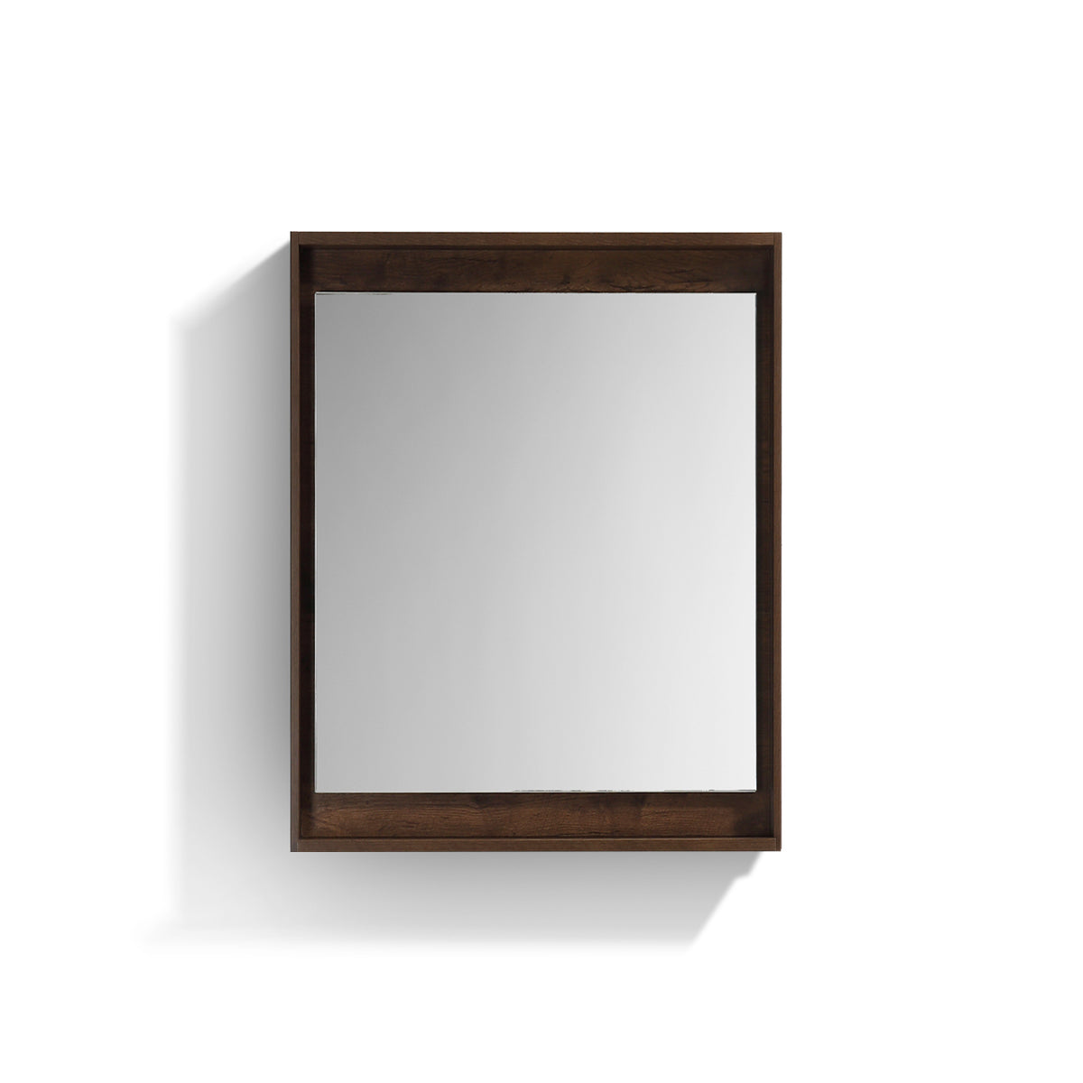 A 24 inch wide mirror with a rosewood colored shelf above it, presented against a white background.