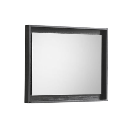 A 30 inch wide mirror with a black frame and shelf below it.