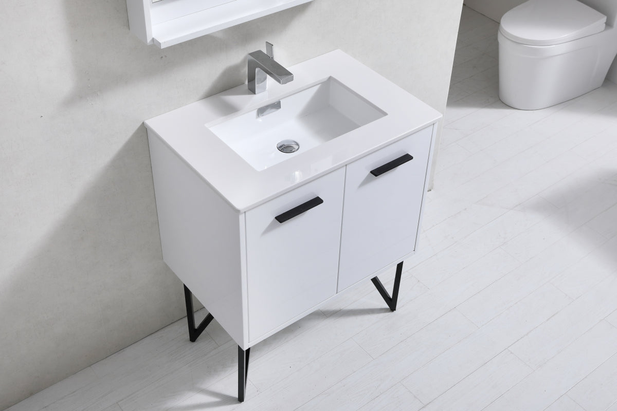 BOSCO 30" High Gloss White Modern Bathroom Vanity  w/ Quartz Countertop