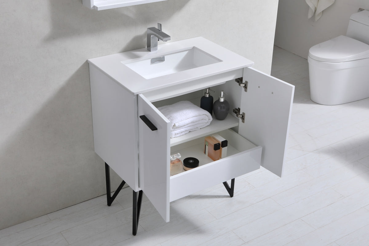 BOSCO 30" High Gloss White Modern Bathroom Vanity  w/ Quartz Countertop