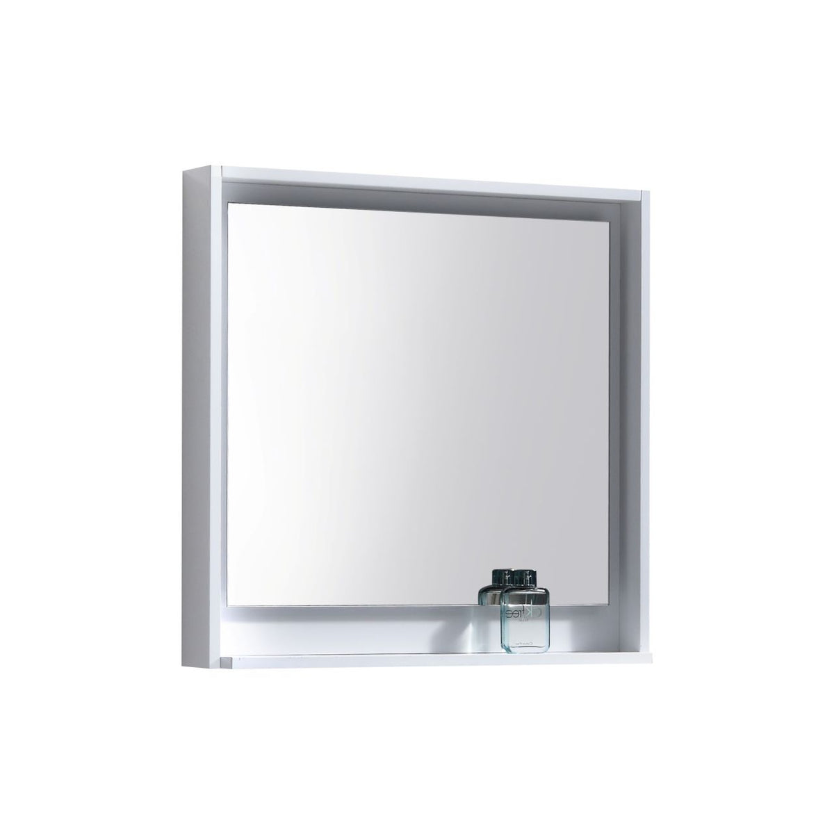 A 30 inch wide mirror with a shelf, high gloss white finish, with a perfume bottle placed on the shelf.