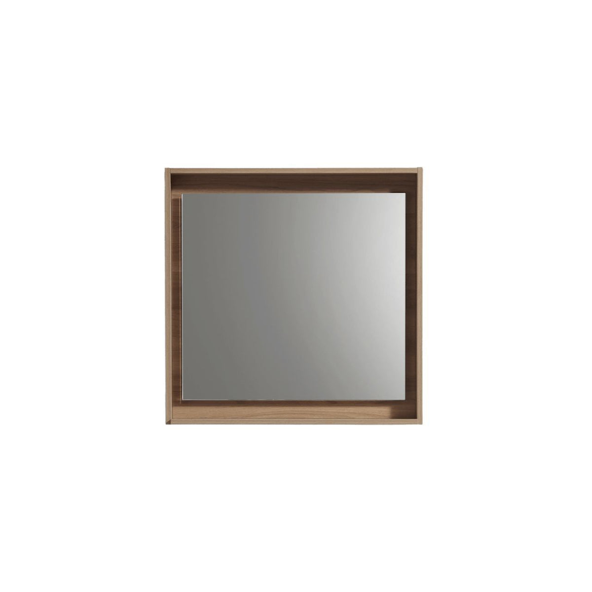 A rectangular mirror with a honey oak frame and shelf below it.