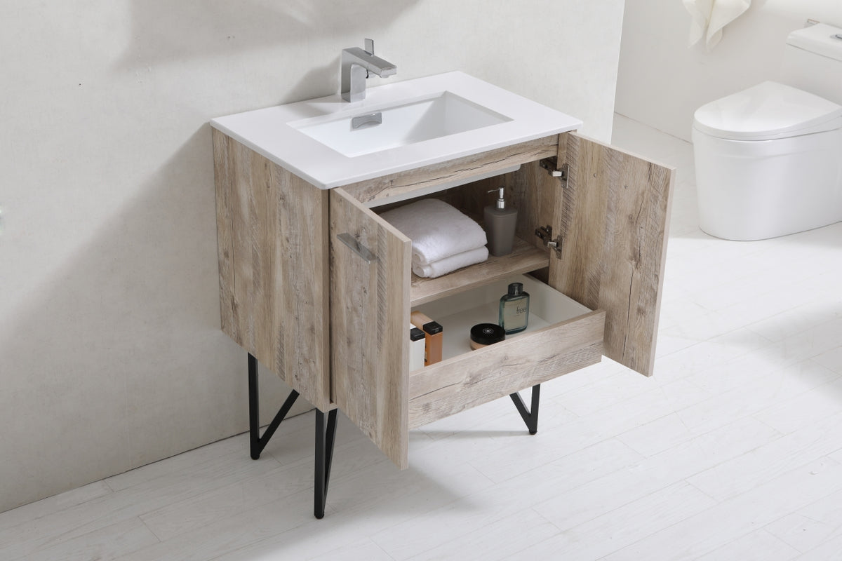Bosco 30" Wall Mount Nature Wood Modern Bathroom Vanity w/ Quartz Countertop