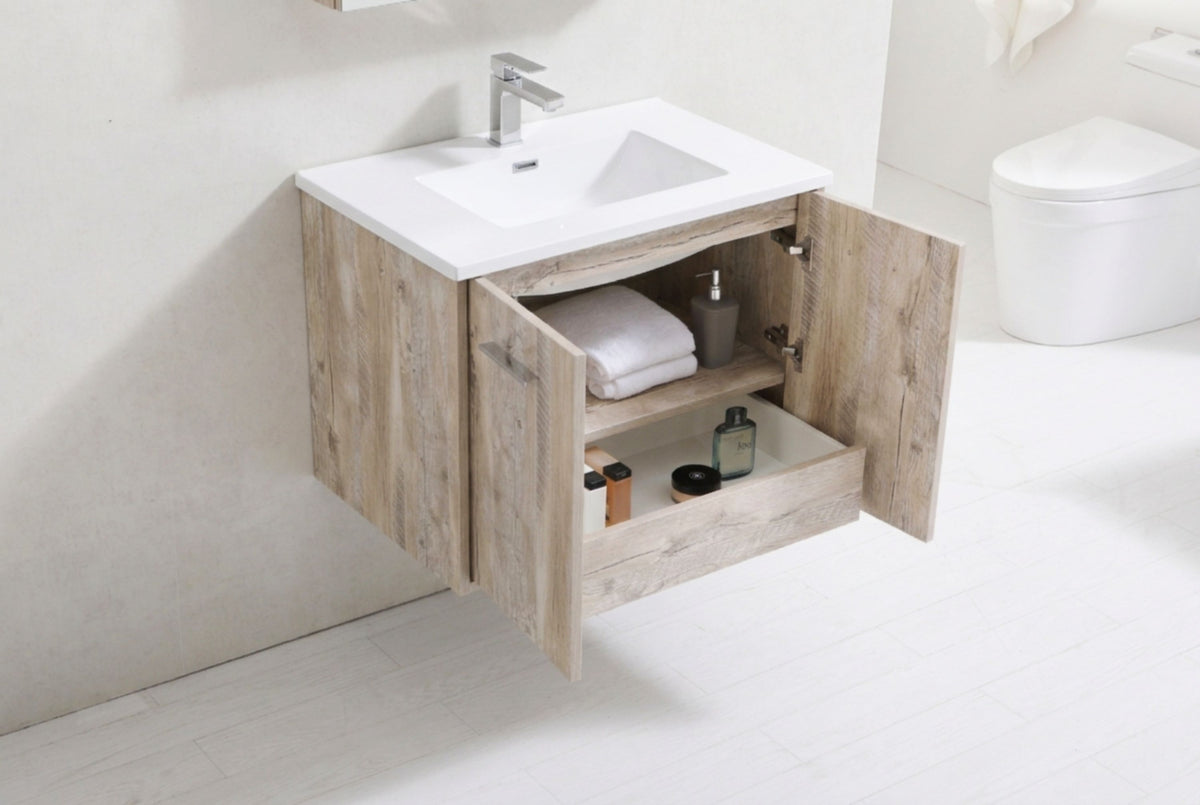 Bosco 30" Wall Mount Nature Wood Modern Bathroom Vanity w/ Quartz Countertop