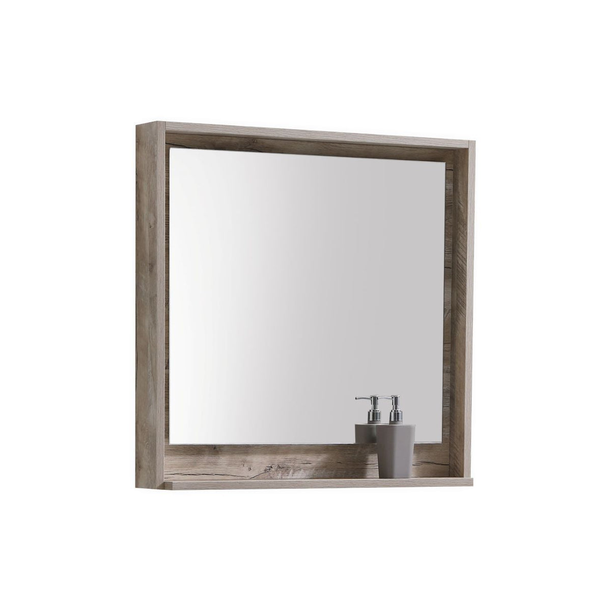 A 30 inch wide mirror with a shelf, featuring a nature wood finish.