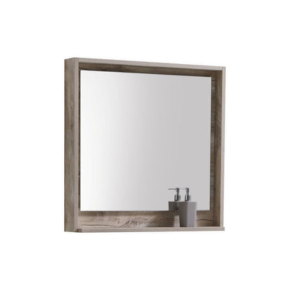 A 30 inch wide mirror with a shelf, featuring a nature wood finish.