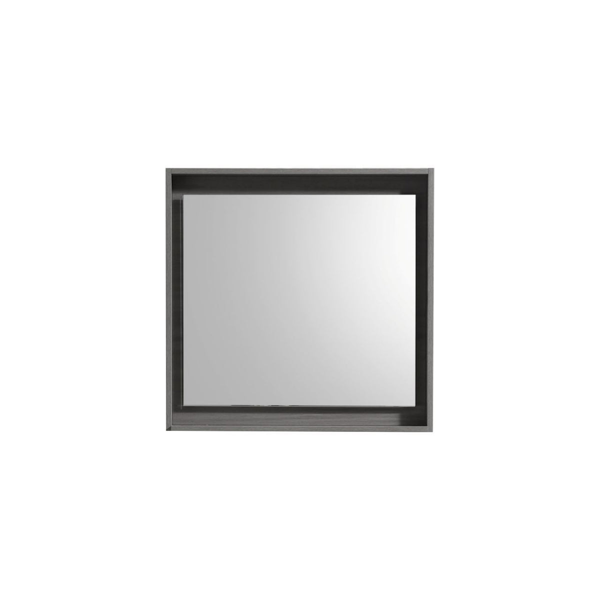 A rectangular mirror with a shelf, in Vulcan Ash Grey color, framed in a sleek, modern style.