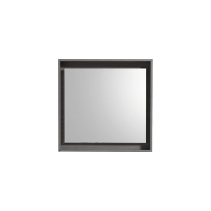 A rectangular mirror with a shelf, in Vulcan Ash Grey color, framed in a sleek, modern style.