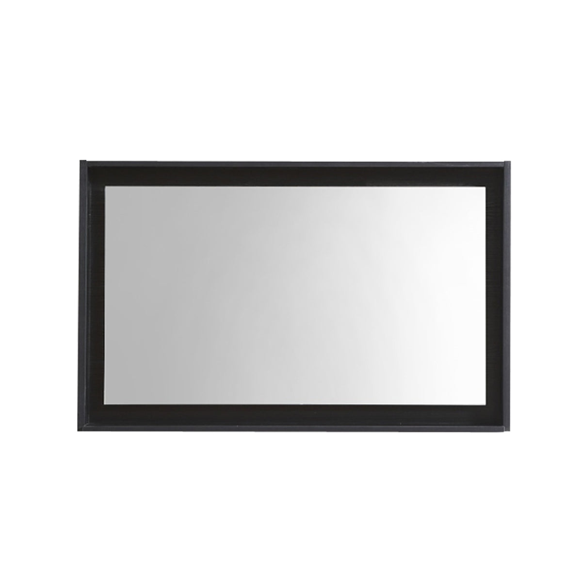 A 36 inch wide vertical mirror with a black frame and shelf below it.