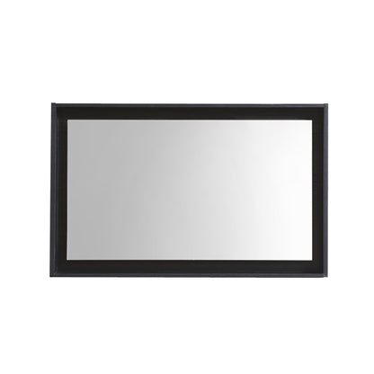 A 36 inch wide vertical mirror with a black frame and shelf below it.