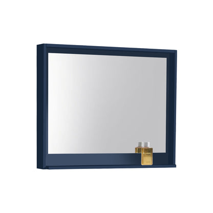 A 30 inch wide mirror with a blue frame and a shelf on the bottom