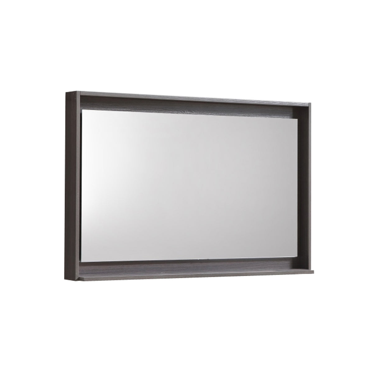 A gray oak framed mirror with a shelf below it.