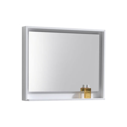 A 36 inch wide gloss white mirror with a shelf, installation hardware included.