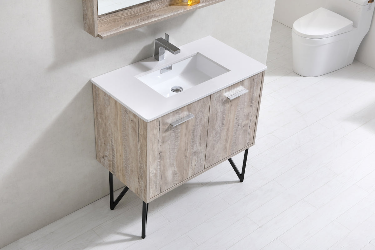 Bosco 36" Wall Mount Nature Wood Modern Bathroom Vanity w/ Quartz Countertop