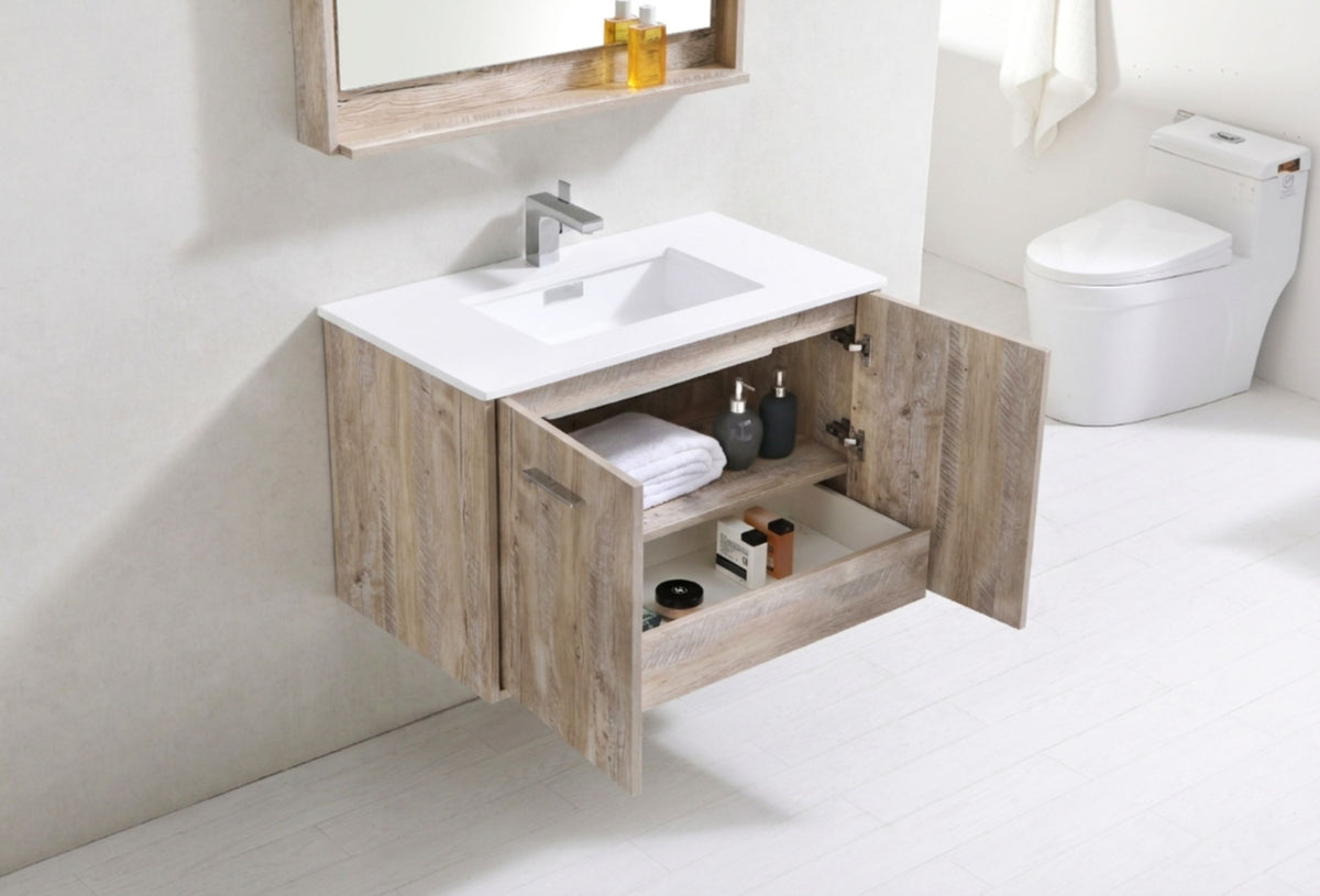 Bosco 36" Wall Mount Nature Wood Modern Bathroom Vanity w/ Quartz Countertop