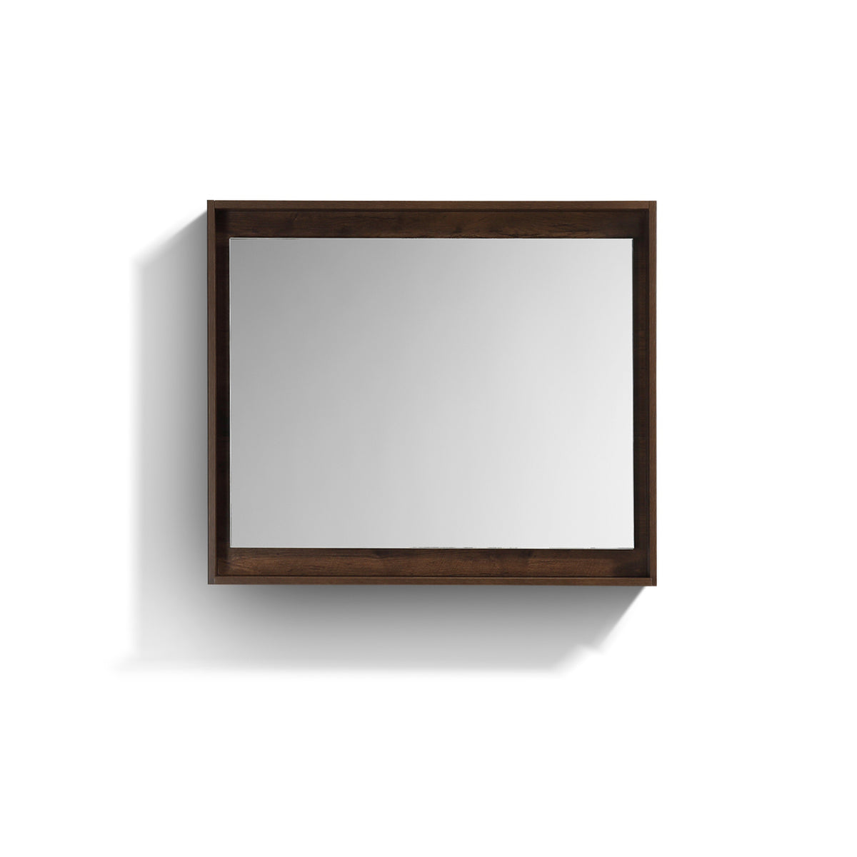 A rectangular rosewood framed mirror with a shelf below it, displayed against a white background.