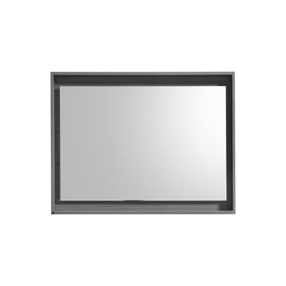 A rectangular mirror with a shelf, in a Vulcan Ash Grey color, with a sleek modern design.