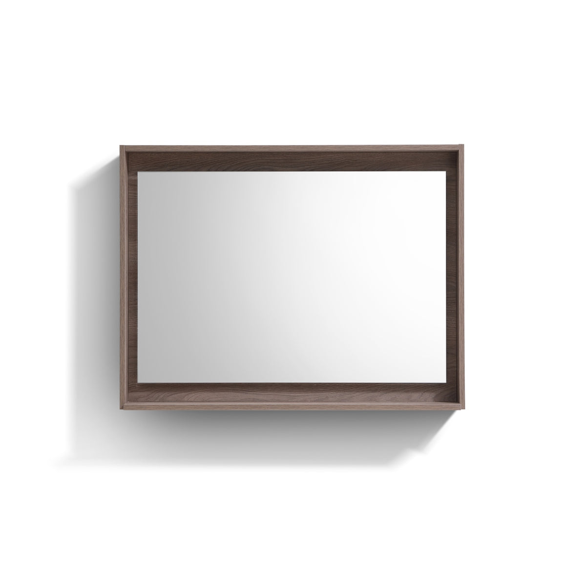 A 40 inch wide mirror with a butternut colored shelf